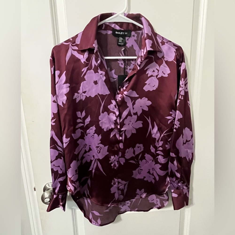 Bailey 44 silky purple print button up blouse NWT